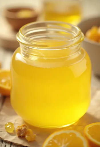 Ghee in a jar and spooned onto a wooden board, natural light