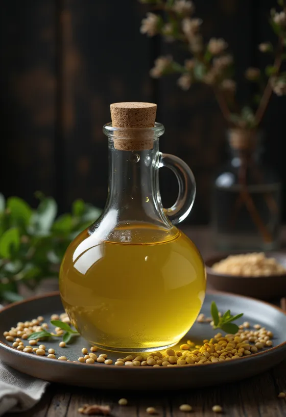 Light sesame oil in a small glass bowl, surrounded by light sesame seeds