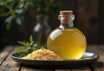 Light sesame oil in a small glass bowl, surrounded by light sesame seeds
