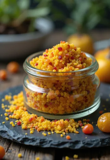 Colorful dried bee pollen granules in a bowl and scattered