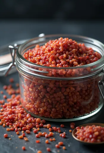 Dried red quinoa seeds, with detailed texture and natural colors