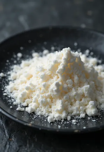 Xanthan gum powder in a small ceramic bowl with a wooden spoon, on a light background