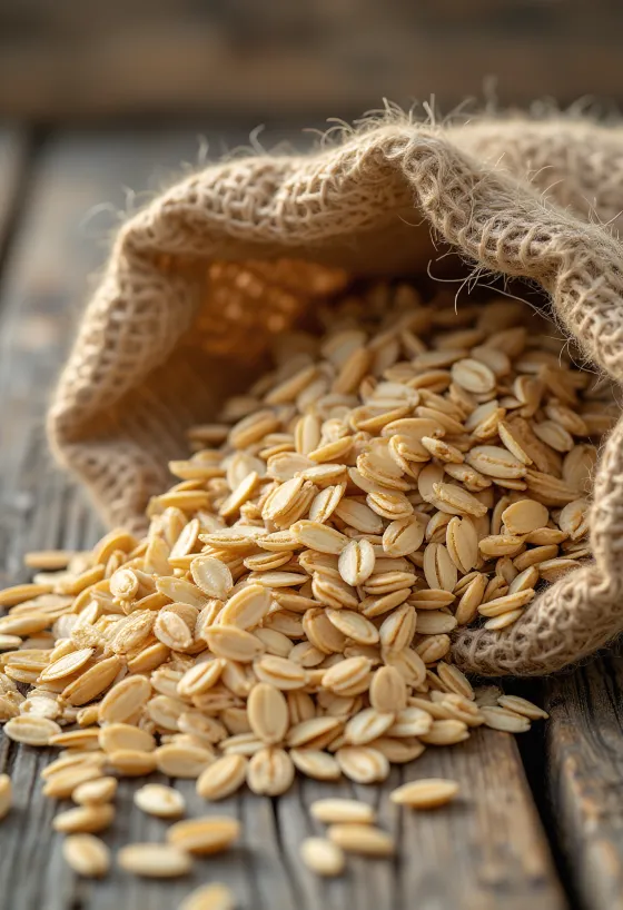Cleaned oat groats in a small sack and scattered on a wooden surface