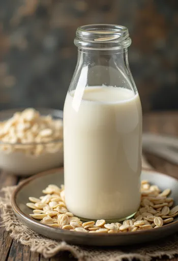 Oat milk being poured into a glass, with oatmeal in a bowl and scattered nearby
