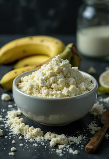 Green banana flour in a bowl and spoon, surrounded by green bananas