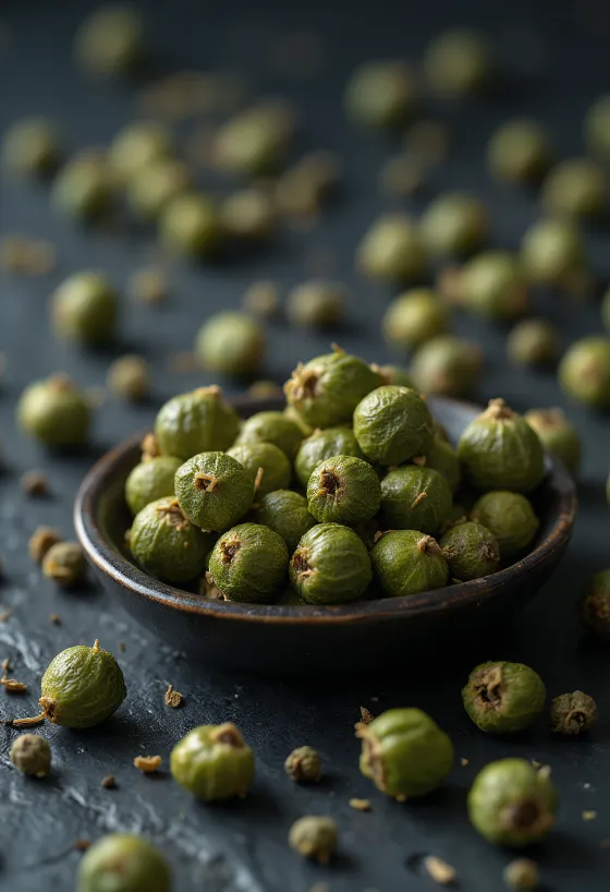 Whole green peppercorns in a ceramic bowl and on a kitchen surface