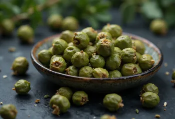 Whole green peppercorns in a ceramic bowl and on a kitchen surface
