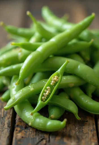 Fresh green bean pods on a cutting board, partly cut