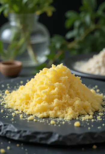 Gelatin powder in a small bowl next to a wooden measuring spoon on a light background