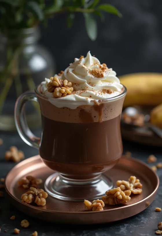 Banana-walnut hot chocolate in a cup