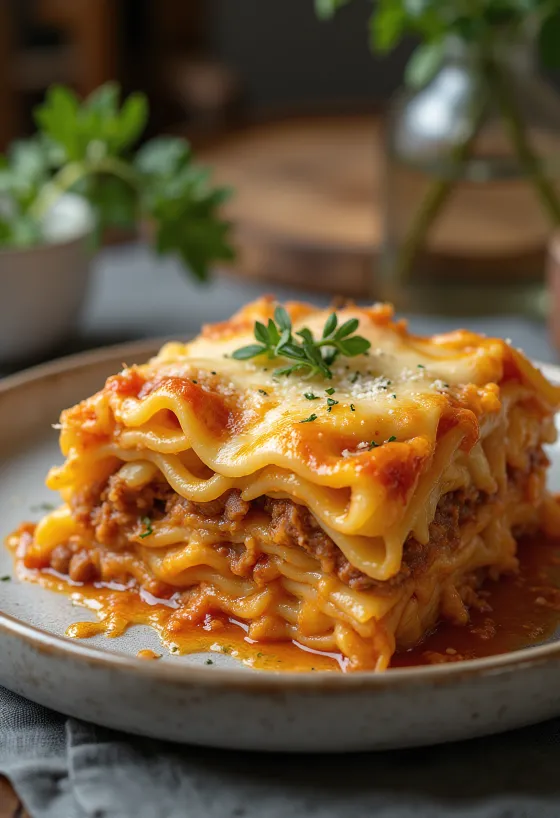 Classic lasagna served with fresh basil