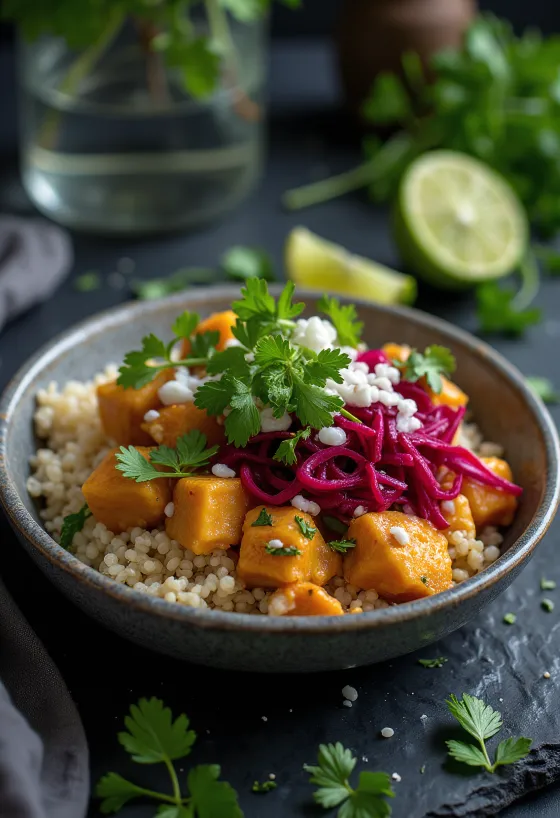 Quinoa Bowl with Beet Curry Tofu served