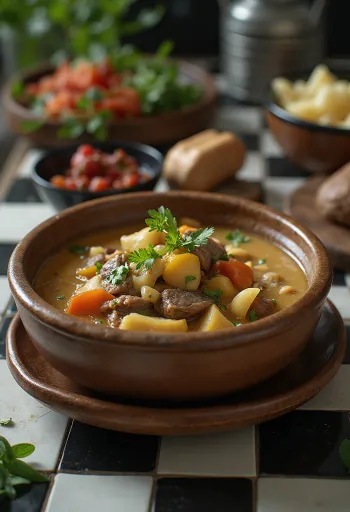 Yak butter tea stew served in a rustic bowl with fresh herbs.