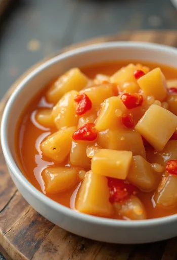 Sweet and sour sauce with pineapple chunks