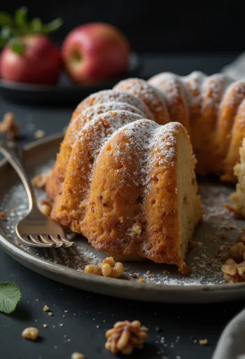 Cinnamon Apple Bundt Cake sliced and dusted with powdered sugar