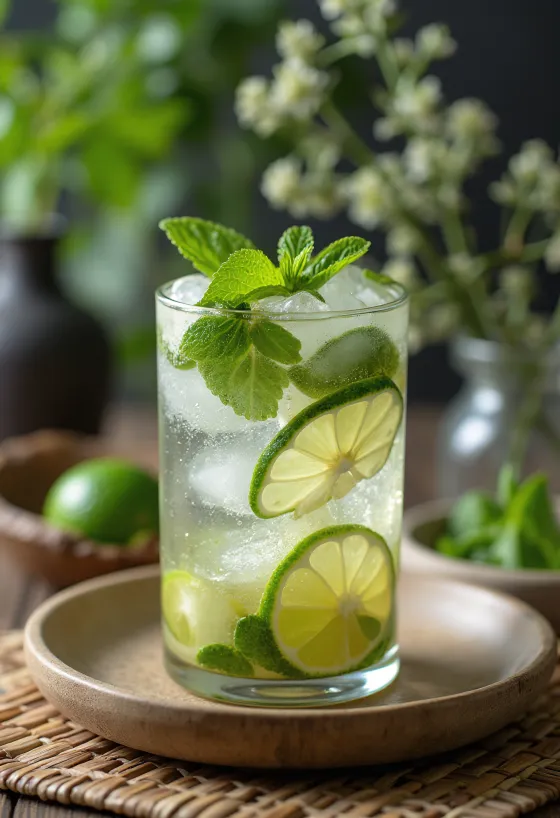 Mojito garnished with fresh mint leaves and lime slices