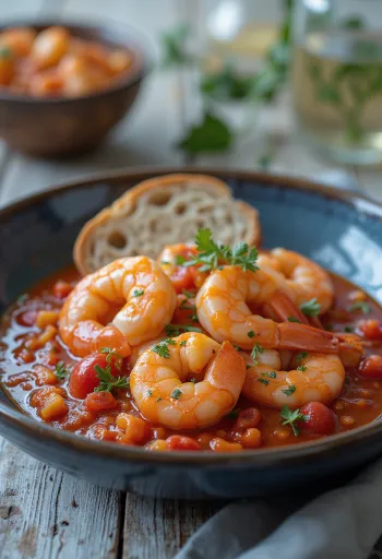 Tomato shrimp served with fresh herbs and crusty bread