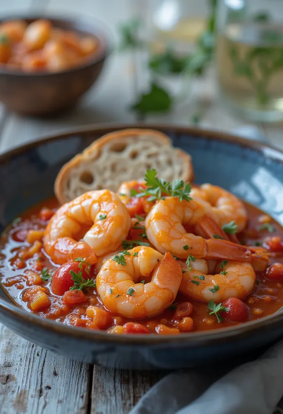 Tomato shrimp served with fresh herbs and crusty bread