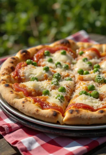 Pizza ai Piselli with green peas and cheese