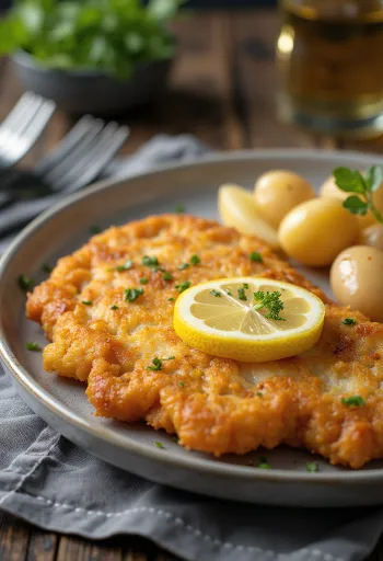 Pork schnitzel served with boiled potatoes and parsley