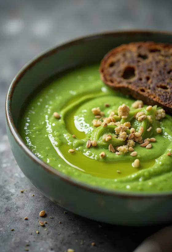 Broccoli leek cream soup served in a ceramic bowl, garnished with broccoli florets and leek rings