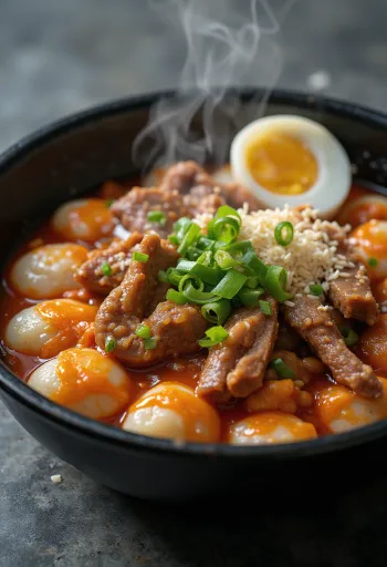 Tteokbokki with galbi, Korean rice cakes with spicy sauce, egg, and kimchi