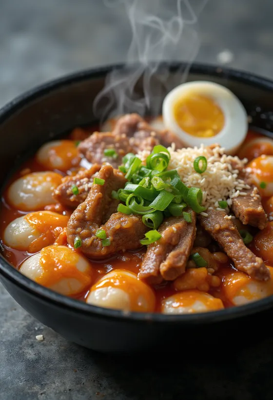 Tteokbokki with galbi, Korean rice cakes with spicy sauce, egg, and kimchi