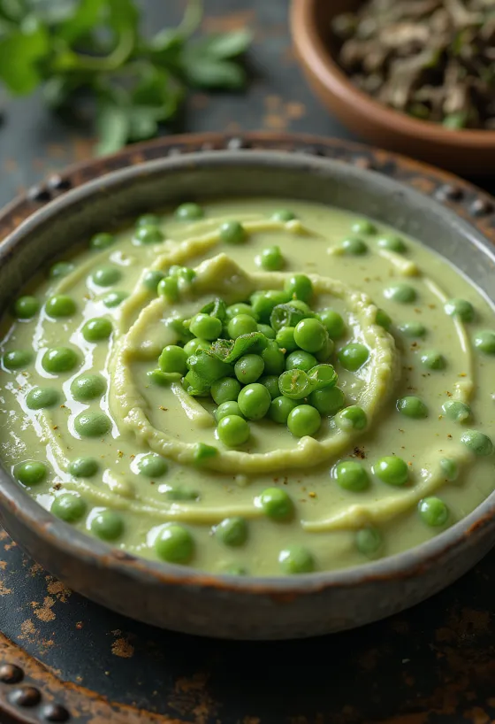 Creamy green pea sauce in a bowl garnished with fresh parsley.