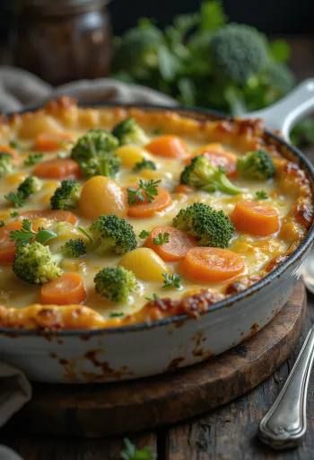 Vegetable gratin layered with cheese and herbs