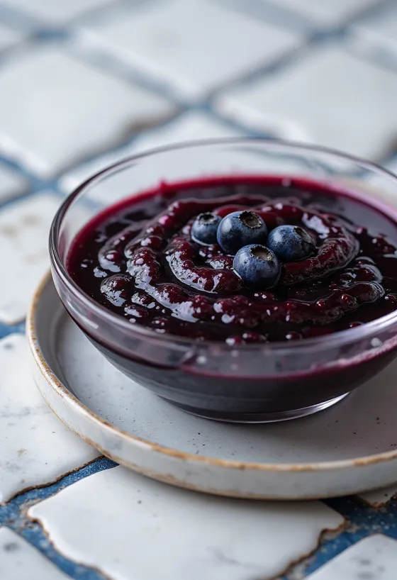 Blueberry chili balsamic sauce in a bowl garnished with fresh berries.