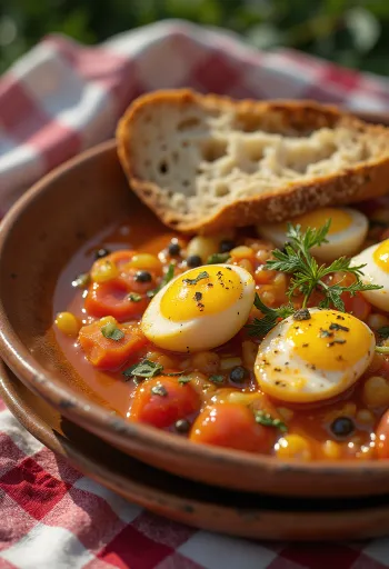 Caponata with capers and red wine vinegar, served with basil