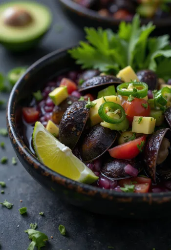 Bowl of dark Black Clam Ceviche with avocado and lime wedges