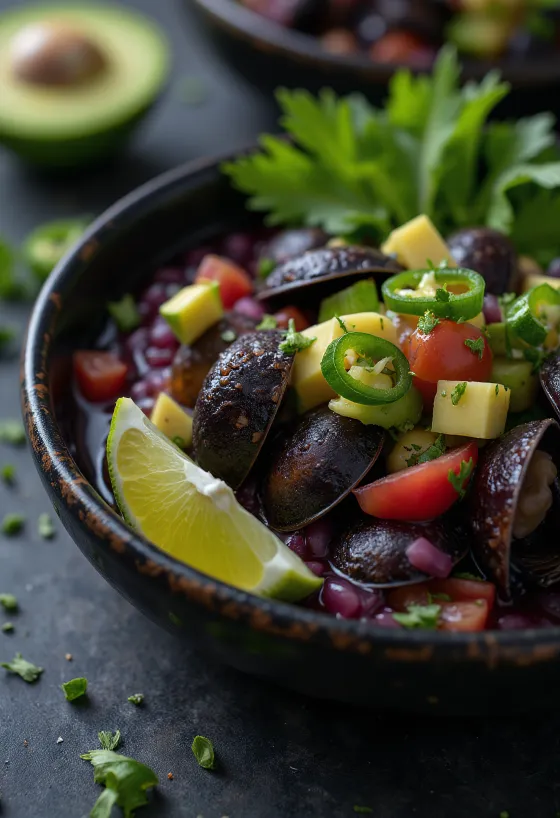 Bowl of dark Black Clam Ceviche with avocado and lime wedges