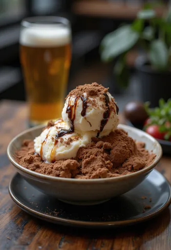 Chocolate Bingsu, Korean shaved ice dessert with chocolate sauce and ice cream