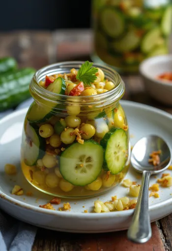 Spicy pickled cucumber seeds served in a jar