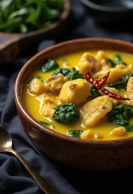 Egusi soup with chicken, rich spiced soup served with vegetables