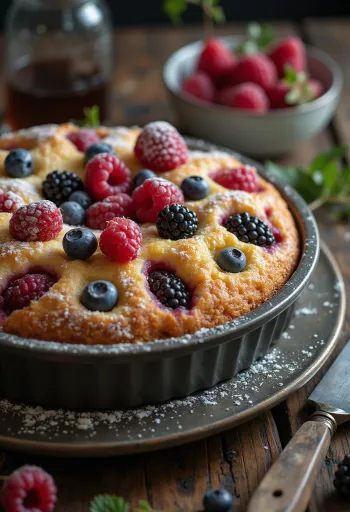 Mixed berry cake served