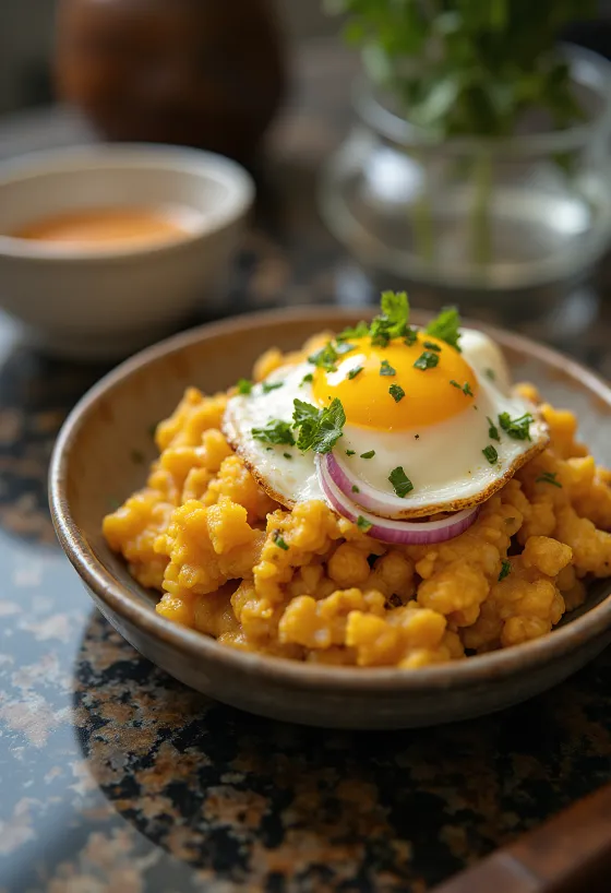Spicy Ghugni pea curry topped with fried egg