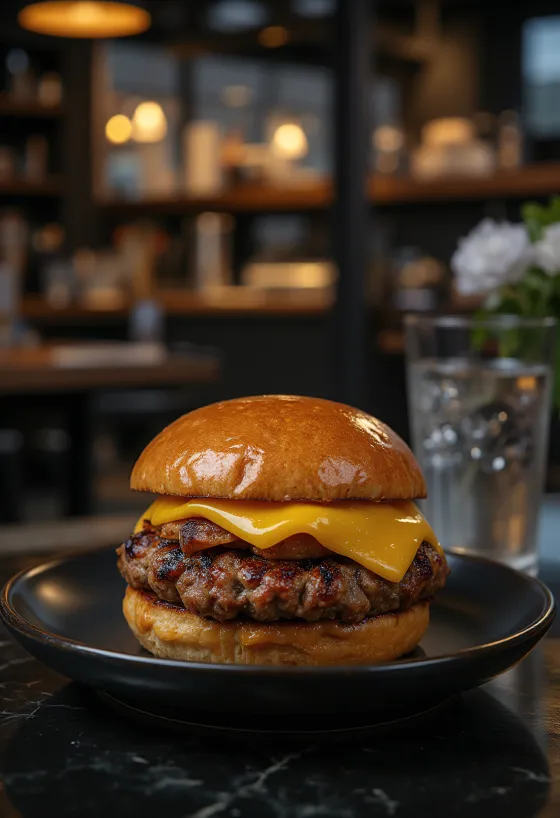 Sausage burger with cheese and vegetables