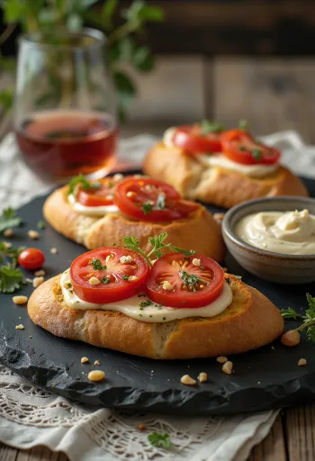 Pa amb tomàquet i allioli, tomato bread with fresh basil and garlic allioli