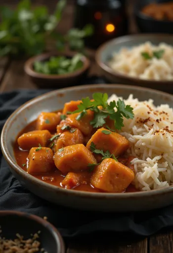 Pork Vindaloo served with rice and cilantro