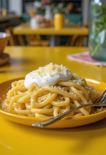 Plate of pasta covered in white sour cream and grated cheese