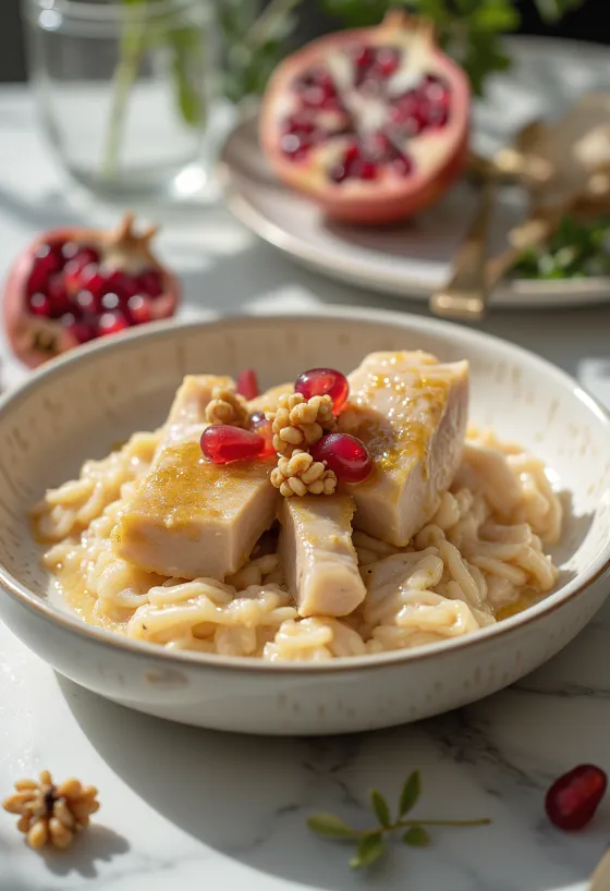 Satsivi with turkey, decorated with walnut sauce and cilantro