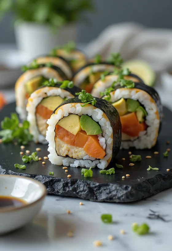 Vegan sushi rolls filled with tofu and vegetables
