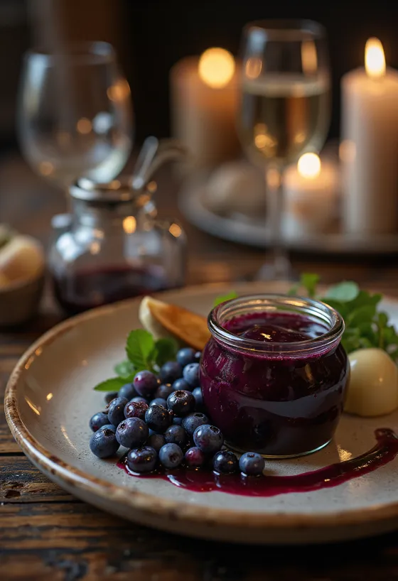 Blueberry rosemary balsamic sauce in a jar and served.