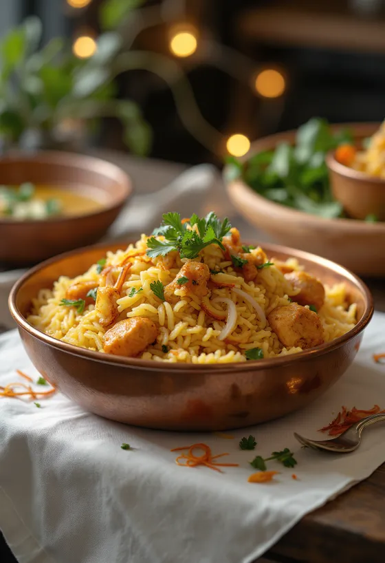 Chicken Biryani garnished with fresh cilantro and mint