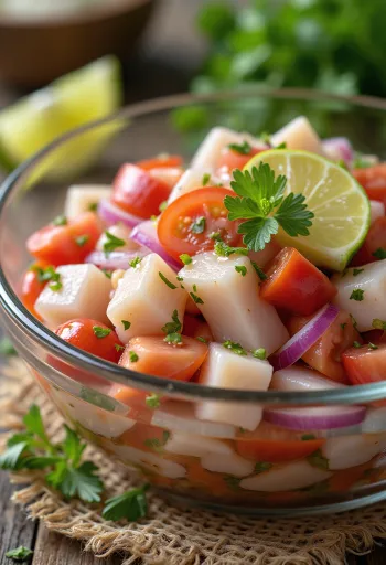 Classic ceviche with lime, fresh fish, avocado, and tomatoes