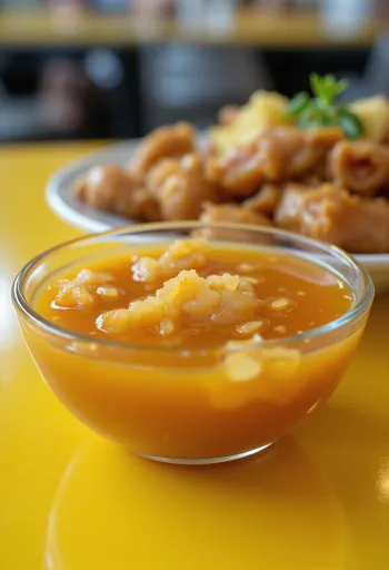 Zesty ginger sauce poured from a ladle