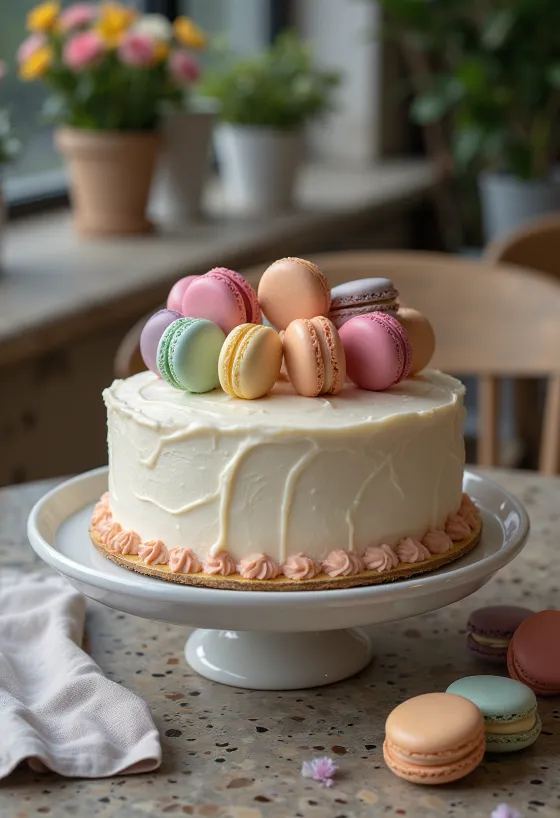 Cake decorated with macarons
