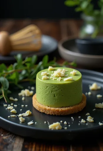 Matcha Tea Cake decorated with white chocolate shavings